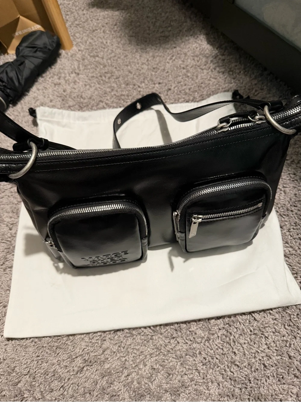 Marge Sherwood Black Leather Hobo Bag with Front Pockets